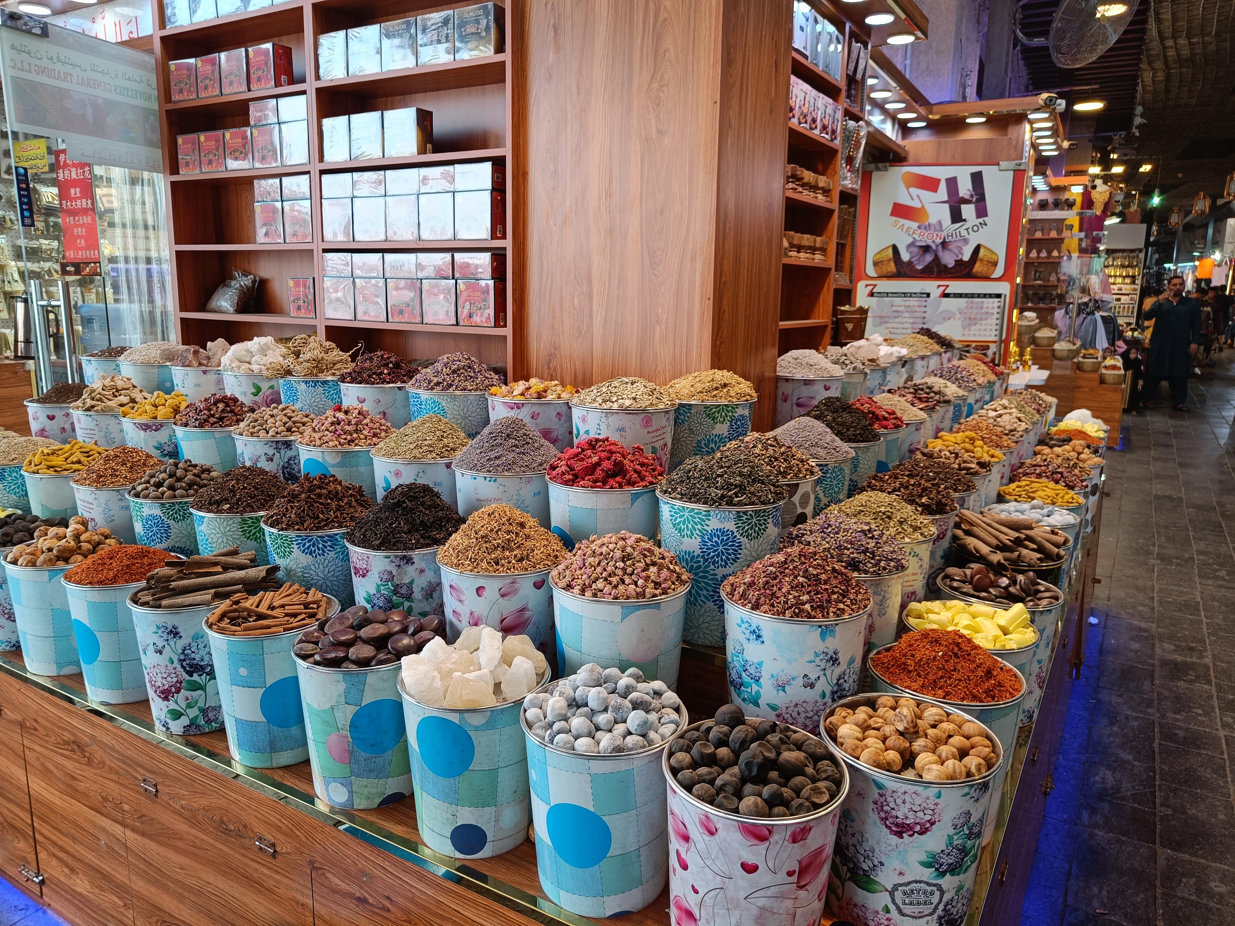 Spice Souk exotic spice varieties and dry goods - traditional shopping district in Dubai
